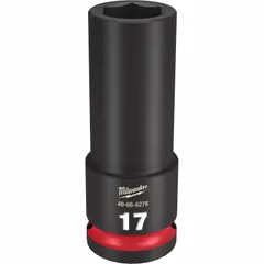 This 1/2" drive deep impact socket is designed for use with impact wrenches to fasten or loosen nuts and bolts. The 17 mm metric, 6-point configuration provides a secure grip on fasteners, while the deep length allows access to recessed fasteners. The friction retention system helps keep the socket on the anvil during use.