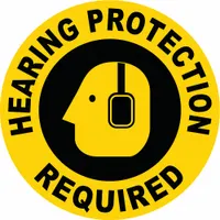 Adhesive floor sign made of vinyl with a thickness of 0.012 in and an anti-slip surface. Measures 17 in x 17 in. Not retroreflective and does not glow in the dark. Used to mark areas where hearing protection is required in industrial environments