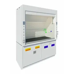 This light duty ducted fume hood provides personnel protection in laboratory environments, exhausting hazardous fumes, vapors, and particulates at 620 CFM. It features a 6 ft overall width and 33 in overall depth, finished in Petal White. The hood includes a pre-wired vapor tight LED strip light and operates on 120V AC. Blower, base/stand, and work surface are not included.