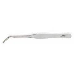 General purpose tweezers made of stainless steel with a flat, bent tip that is 1 mm thick. The serrated gripping surface provides secure handling for precision tasks. Suitable for applications requiring fine control, such as electronics assembly, jewelry work, and laboratory procedures.