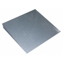 Steel ramp for floor scales, 48 in wide, 48 in long, 4-3/8 in high. Provides a transition surface for moving pallet jacks or carts onto the weighing platform.