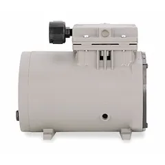 This rocking piston high flow compressor/vacuum pump operates on single-phase 115V AC power and delivers a maximum vacuum of 25.6 in Hg. It is suited for applications requiring both compression and vacuum capabilities, such as in medical, laboratory, and light industrial equipment.