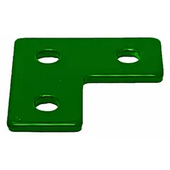 Steel corner plate for strut channel systems, powder coated green. Used to join and reinforce strut channel sections at 90-degree angles in industrial framing, pipe support, and cable tray applications.