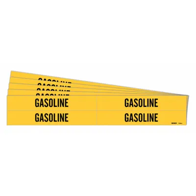 BRADY Pipe Marker: Gasoline, Yellow, Black, Fits 3/4 to 2 3/8 in Pipe O.D., 4 Pipe Markers - Gasoline Adhesive Pipe Markers