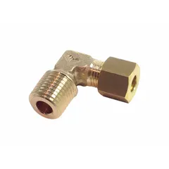 Brass compression fitting with standard sleeve, connecting 1/2 in BSPT male thread to 15 mm OD tubing. Used in fluid power, pneumatic, and hydraulic systems for leak-free sealing in industrial piping.