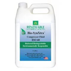 Air compressor oil in a 1-gallon bottle with ISO Viscosity Grade 68 and Viscosity Index 159. Formulated for lubrication of rotary screw, vane, and reciprocating air compressors. Suitable for applications requiring stable viscosity across temperature variations.