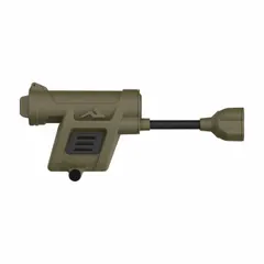 Helmet-mount light with green LED output for hands-free illumination. Provides 100 lumens, 35-meter max beam, and 18-hour runtime on maximum brightness. Features two light outputs and operates on one AA battery. Suitable for tactical, industrial, and outdoor tasks requiring low-profile lighting.