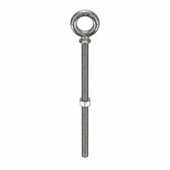 This machinery eye bolt with shoulder is made from 316 stainless steel in a plain finish. It has a 3/4"-10 thread size and a 4-inch thread length. A nut is included. The shoulder design provides a stable bearing surface for lifting, rigging, and securing heavy loads in industrial applications.