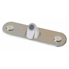 This centerset faucet is constructed of brass with a chrome finish. It is operated by a button and powered by a 9V DC plug-in connection. The faucet connects to both hot and cold water supply lines, making it suitable for institutional settings such as public restrooms and healthcare facilities.