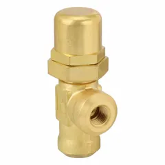Soft-seat pressure control valve with brass body and 1/4 in NPT ports. Maximum flow 4 gpm, maximum pressure setting 90 psi. Used in hydraulic and pneumatic systems to regulate downstream pressure, common in industrial fluid power circuits and general manufacturing.