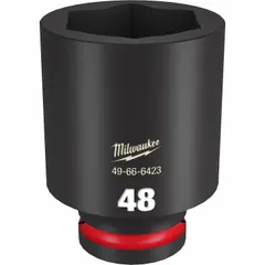 Metric 48 mm deep impact socket with 3/4" drive, 6-point configuration, and friction retention design. Black Phosphate finish. For use with impact tools on heavy-duty fastening and loosening of nuts and bolts in industrial, construction, and automotive applications.