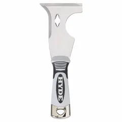 This painter's multi-tool features a stainless steel blade that resists corrosion, suitable for scraping, spreading filler, opening paint cans, cleaning rollers, and prying lids. The blade measures 3 inches wide and 3 5/8 inches long, with a plastic handle. Commonly used in painting preparation and finishing tasks, including wet or outdoor applications.