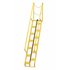 Steel alternating-tread stairs with perforated treads for debris shedding. Yellow finish. Load capacity 350 lb. Used for safe access to elevated platforms, mezzanines, and equipment in industrial facilities.