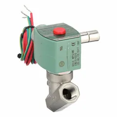 This REDHAT solenoid valve is a 2-way, 2-position normally closed type with a 3/8 in pipe size. It operates at 120V AC (also rated 110V AC) and features a watertight coil enclosure suitable for damp or washdown environments. Typical applications include controlling the flow of liquids or gases in industrial automation, irrigation, and process control systems.