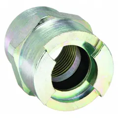 This Bowes steel quick-connect air coupling body features a 1/2" FNPT thread and a push-to-connect locking type. It is used for rapidly connecting and disconnecting pneumatic tools and hoses in compressed air systems. Common in industrial and automotive settings where frequent line changes are required.