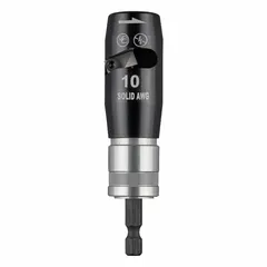 This impact-rated wire stripper attachment is designed for use with impact drivers. It allows wire stripping operations by utilizing the rotational power of the impact driver. The universal design fits standard impact driver chucks, making it suitable for electrical and construction tasks.
