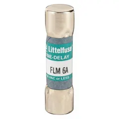 Midget, time-delay, non-indicating cylindrical fuse rated 6 A at 250 V AC. Measures 13/32 in x 1 1/2 in. Provides overcurrent protection for circuits with inductive loads such as motors and transformers that experience temporary inrush currents.