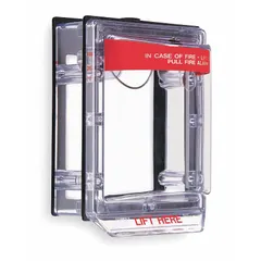 This clear polycarbonate guard mounts on walls to protect fire alarm pull stations from accidental damage or tampering. It features the legend 'IN CASE OF FIRE - LIFT COVER ACTIVATE FIRE ALARM' and allows clear visibility and easy activation. Suitable for commercial, industrial, and institutional facilities.