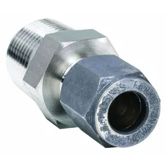 Single-ferrule stainless steel compression fitting adapter from the CPI™ series. Connects 1/2 in OD tubing to a 1/2 in male NPT threaded port. Suitable for use in instrumentation and process systems requiring leak-tight connections.
