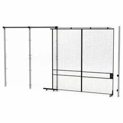 This woven-wire partition component is a slide door for walk-through access in industrial storage areas. It measures 10 ft high by 10 ft wide by 1 3/4 in deep and is constructed from powder-coated steel in black. The door integrates with quick-assemble partition systems to enclose racking or shelving while allowing personnel and equipment to pass through.