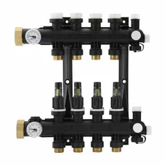 Polymer manifold with one 1 1/4 in inlet and one 3/4 in outlet for branch distribution in hydronic heating systems. Used to connect supply and return lines in radiant heating applications.