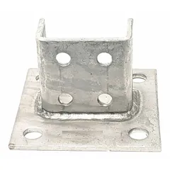 Post base designed for double strut channels of 1-5/8 in x 3-1/4 in size. Fabricated from 304 stainless steel with eight 9/16 in diameter holes for mounting. Used to secure vertical posts in strut channel systems for industrial framing, cable tray supports, and mechanical equipment mounting.