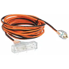 This outdoor extension cord is 25 ft long with three grounded outlets, featuring a NEMA 5-15P plug and 14/3 SJTW construction. Rated for temperatures from -40° to 167°F, it is suited for powering tools, lights, or equipment in outdoor environments such as construction sites, landscaping, or event setups.