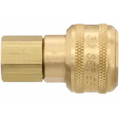 Brass quick-connect air coupling body with 1/4"-18 thread size and 1/4" female hose fitting. Push-to-connect locking type enables secure, rapid connections in pneumatic systems. Suitable for air-line applications in manufacturing, automotive, and maintenance environments.