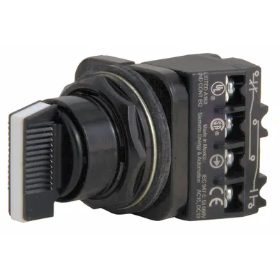 Siemens Selector Switch: 30 mm Panel Mounting Size, 3 Positions, Short Lever, 1NO/1NC - Selector Switches