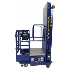Battery-powered push-around vertical lift with a 12 ft elevated platform height and a 17 in x 29 in platform. Includes a platform extension. Used for indoor maintenance, installation, and warehousing tasks requiring elevated access.