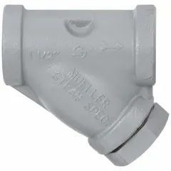 This Y strainer features a carbon steel body with 1-1/4 inch NPT threaded ends. It includes a 304 stainless steel perforated screen with 0.062 inch openings and a spiral wound graphite filled seal. Used to remove debris from steam, water, and industrial fluid systems, protecting downstream equipment such as valves and pumps.