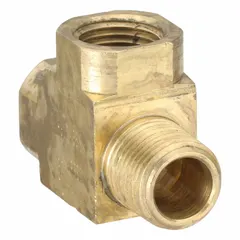 Threaded pipe tee for splitting fluid flow in high-pressure piping systems. Constructed from C37700 brass with a maximum operating pressure of 1000 psi. Features 1/2 inch NPT connections on all three ports. Overall length is 2 21/64 inches.