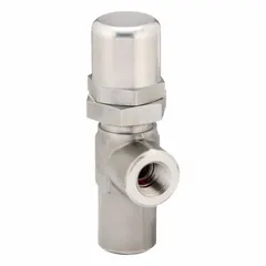 This hard-seat pressure control valve from Parker is constructed with a stainless steel body and features 1/2 in NPT connections. It has a maximum set pressure of 1000 psi and is used to regulate system pressure in hydraulic and pneumatic circuits, commonly applied in industrial machinery and fluid power systems.