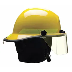 Yellow fire helmet with modern rear brim design. Includes chin strap and 6-Point Sure-Lock(R) Ratchet suspension for secure fit. Suitable for structural firefighting and rescue operations.