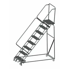 Assembled steel ladder with weight-actuated auto-lock mechanism and serrated steps. Gray finish. Includes handrails. Provides elevated access for tasks such as retrieving stored items or performing maintenance in warehouses and industrial facilities.