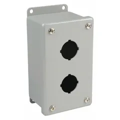 Carbon steel enclosure with two holes for 30mm push button operators. NEMA 4 rated for washdown and corrosion resistance. Suitable for industrial environments where controls require protection from water, dust, and corrosive conditions.