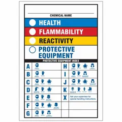 Blank write-on sign label for HMIS/HMIG hazard identification systems. Allows manual entry of health, flammability, reactivity, and personal protection ratings. Suitable for use in industrial facilities requiring custom hazard communication.