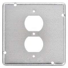 Galvanized steel open cover designed for square electrical boxes. Provides a corrosion-resistant enclosure for wiring connections while allowing access to devices. Overall depth of 9/16 inch. Suitable for industrial and commercial applications.