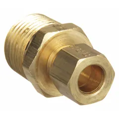 This brass compression fitting adapter connects 1/2 in OD tubing to a 3/8 in male NPT pipe thread. It is a standard sleeve type, sold in a pack of 10. Commonly used in fluid systems, pneumatic lines, and instrumentation for leak-tight connections.