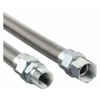 Silver braided gas connector with 24 in hose length and 290,900 BTU capacity. 3/4 in inside diameter, FNPT x FNPT threaded ends. Suitable for high-demand commercial or industrial gas equipment such as boilers, furnaces, and large cooking appliances