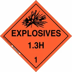 Class 1: Explosives placard, 10 3/4 in x 10 3/4 in, with message 'Explosives 1.3 H 1'. Used for identifying containers holding Division 1.3 Hazard 1 materials during transport and storage.