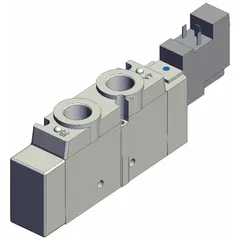 This SMC SY9000 Series valve is a single solenoid, five-way/two-position directional control valve with five ports and 1/4 in port size. It operates on 110V AC and features a DIN solenoid connector with internal pilot and non-locking monostable operation. Typical applications include switching airflow in pneumatic systems for automated manufacturing, packaging, and material handling.