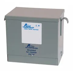 Three-phase step-down transformer with copper windings. Converts 480V AC input to 208V AC Wye output, providing 120V AC derived from the wye configuration. Designed for wall mounting in a NEMA 3R enclosure. Suitable for commercial and industrial power distribution applications such as lighting, HVAC, and machinery.
