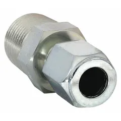 This PARKER Ferulok series compression fitting adapter is a flareless bite-type steel fitting for connecting 3/8 in OD tube to 3/8 in pipe. It features a 3/8-18 thread size and is used in hydraulic and pneumatic systems to create leak-proof tube connections.