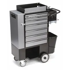 This heavy-duty tool utility cart provides organized storage and transport for tools and parts in industrial workshops, maintenance facilities, and assembly lines. It features multiple drawers and a cabinet, with a black and silver finish. The cart measures 37-1/2 inches wide, 14-1/2 inches deep, and 45 inches high, with no lid. A padlock is included for security.