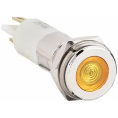 This LED indicator pilot light features a yellow flush head and H10 designation. It mounts in a 10 mm panel hole and connects via a 0.11 Male Quick Disconnect. Used on industrial control panels and machinery to provide a visual status signal.