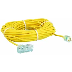 This 100-foot outdoor extension cord features three grounded outlets and a NEMA 5-15P plug. The 14/3 SJTOW construction is rated for temperatures from -58° to 194°F, with a yellow jacket for visibility. Suitable for powering tools, lights, and equipment in outdoor work areas.
