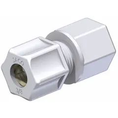 Female compression connector made of white acetal copolymer, designed for 1/4 in OD tubing with a 1/8 in FNPT connection. Rated at 220 psi. USDA Listed for food-grade applications. Suitable for low-pressure fluid handling systems.