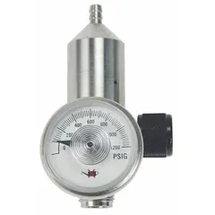 Brass gas regulator with CGA C10 connection and maximum flow rate of 0.375 lpm. Used to control gas flow from calibration gas cylinders during portable gas detector calibration in industrial safety applications.