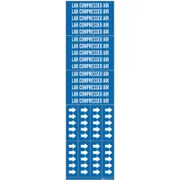 Blue adhesive pipe marker with white legend reading 'Lab Compressed Air'. Designed for pipes with outer diameter of 3/4 inch and smaller. Pack includes 3 markers without directional arrows. Used to identify compressed air lines in laboratory and industrial piping systems